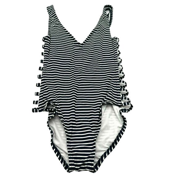 TOMMY HILFIGER | Women's‎ 6 Blue White Stripe Cut Out Sides One Piece Swimsuit - Picture 1 of 6